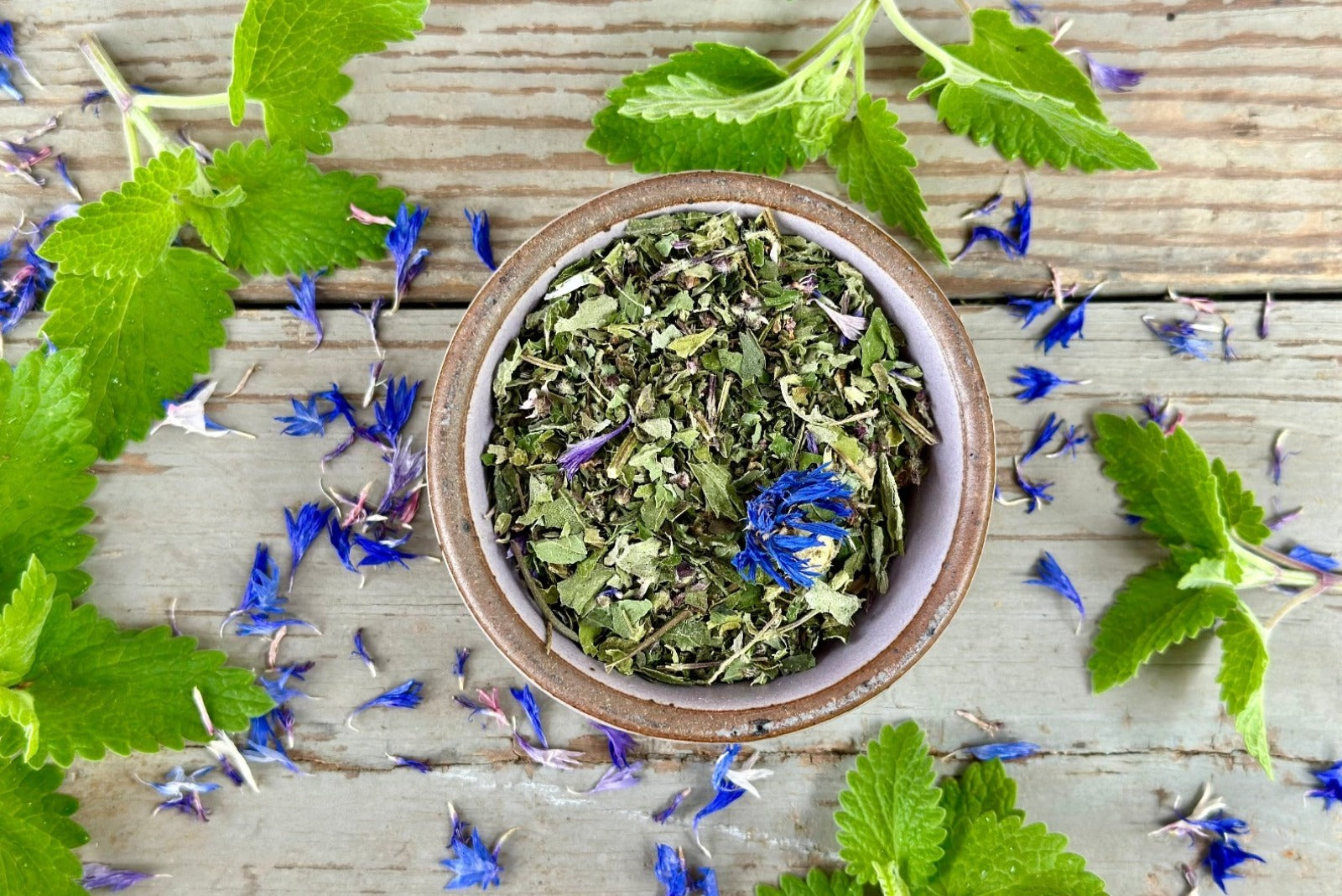 A ceramic bowl of in the garden with tulsi tea from Well Seasoned Table on a wooden background with fresh spearmint and cornflowers around it.