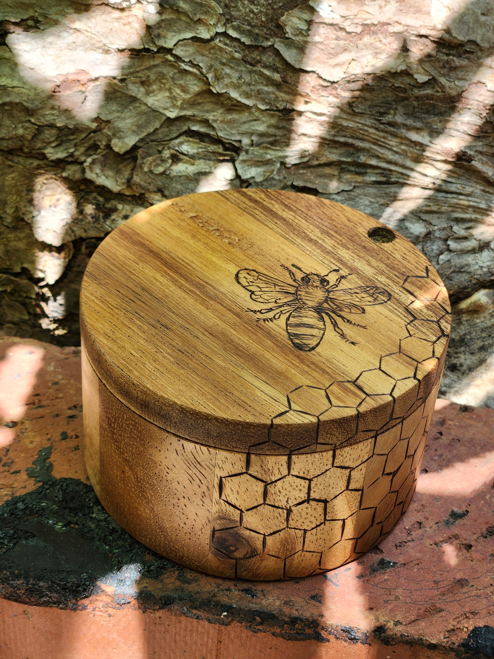 Acacia Wood Salt Cellar with wood burned illustrations