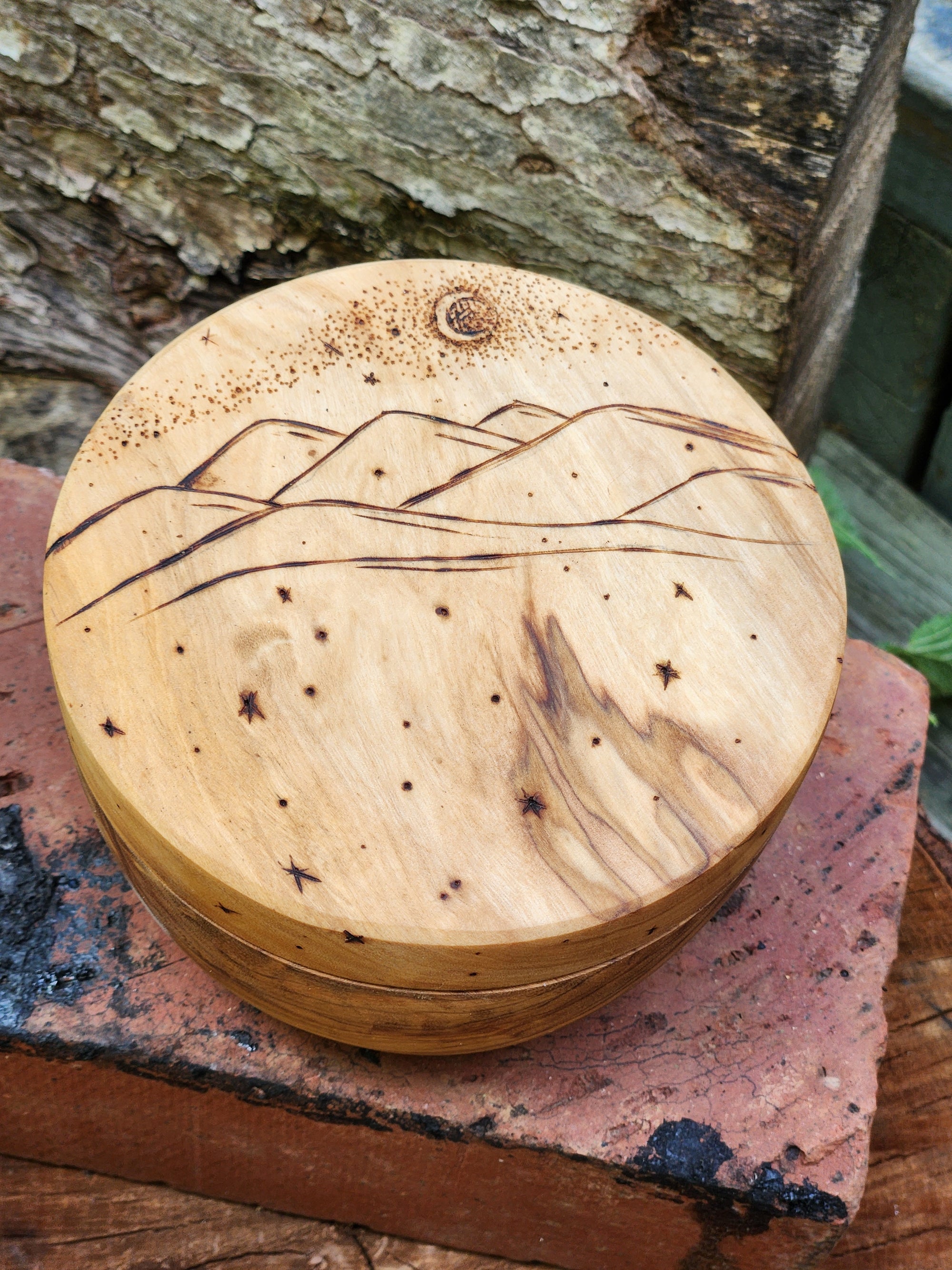 Acacia Wood Salt Cellar with wood burned illustrations