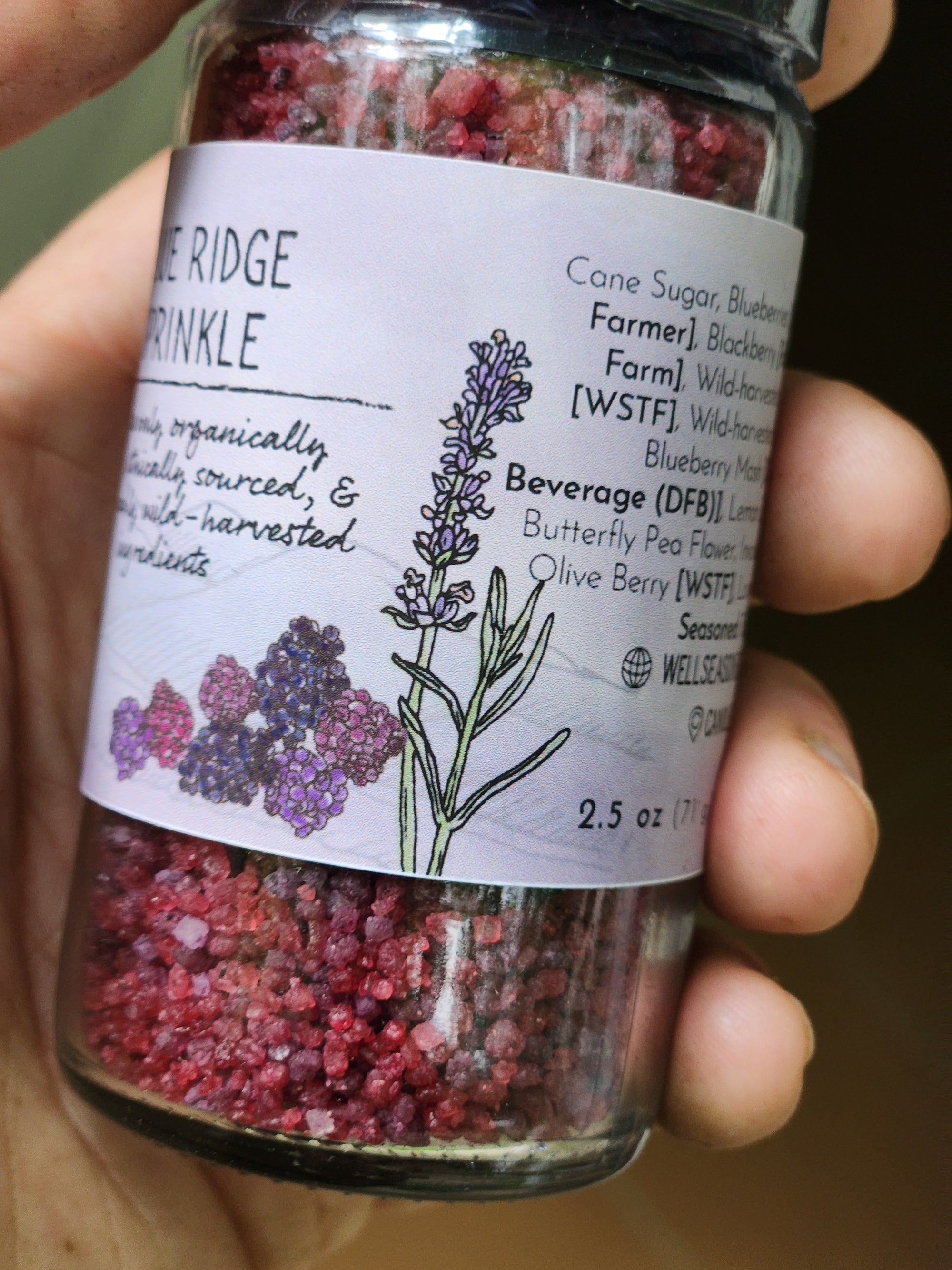 Bottle of Blue Ridge Sprinkle with a close-up on ingredients