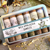 A metal sampler tin with 6 glass vials of seasoning blends from Well Seasoned Table surrounded by organic, dried spices.